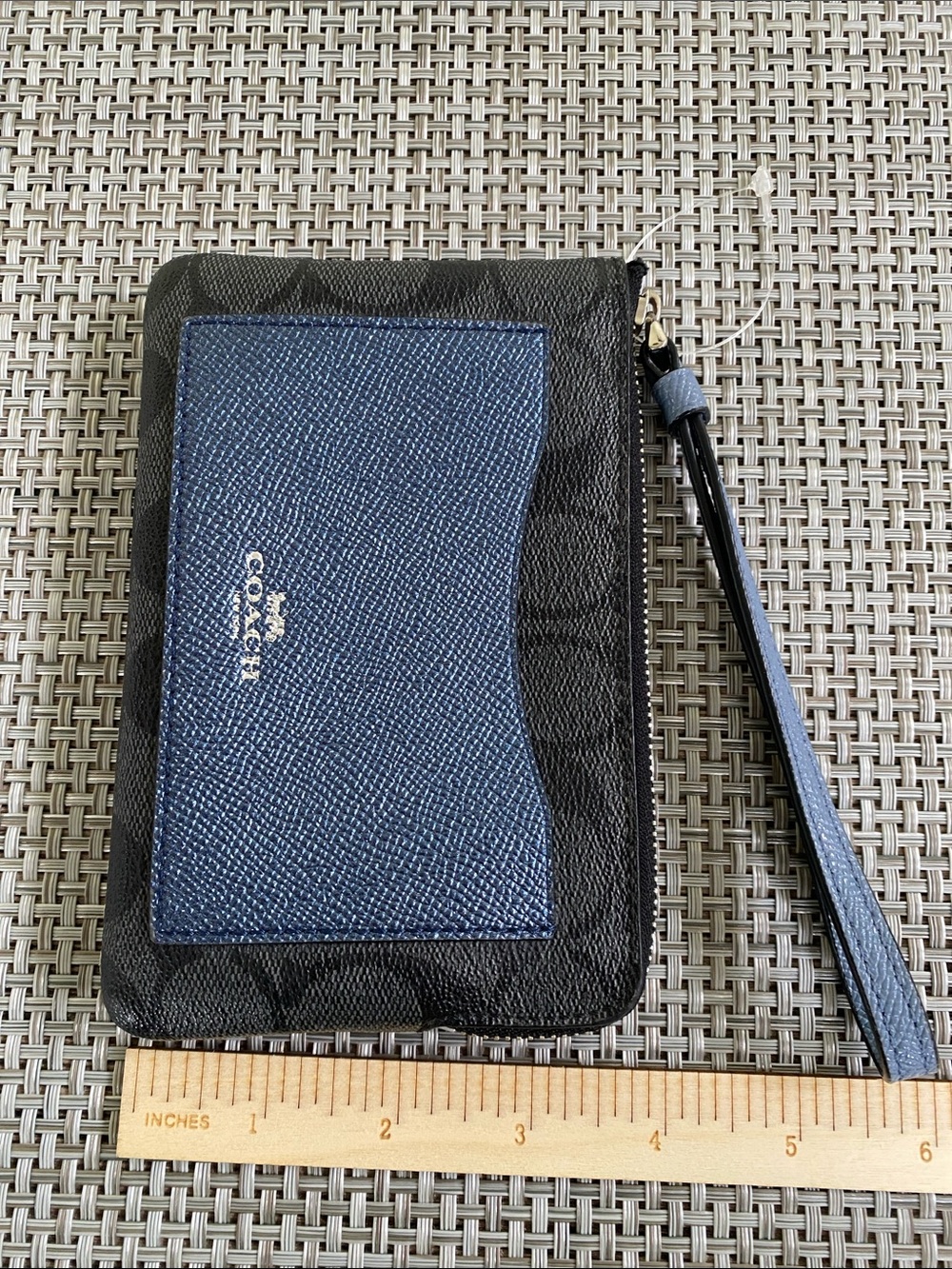 Coach Wristlet Black and Metallic Navy Card Holder Wallet Corner Zip - Picture 5 of 15
